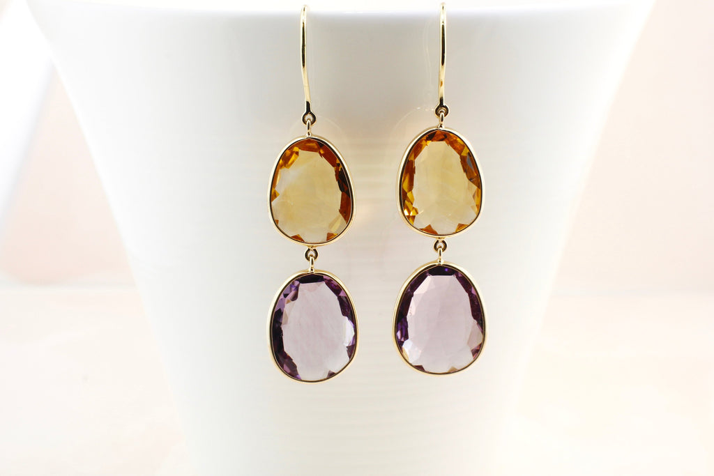 Isabel Citrine and Amethyst Bezel Earrings-Earrings-Nari Fine Jewels-Nari Fine Jewels