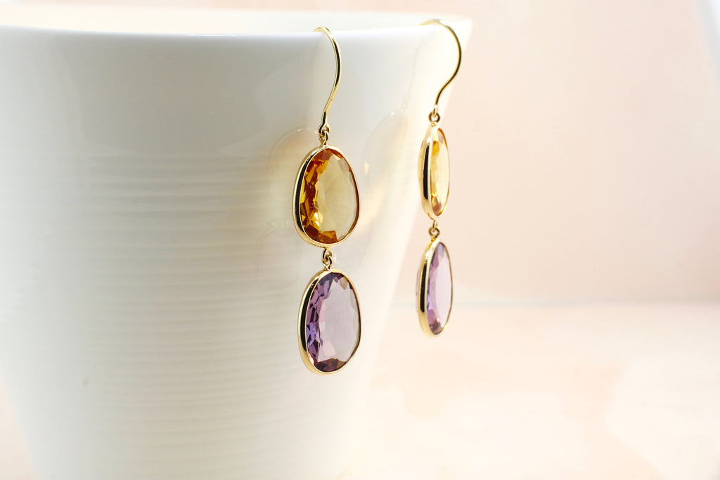 Isabel Citrine and Amethyst Bezel Earrings-Earrings-Nari Fine Jewels-Nari Fine Jewels