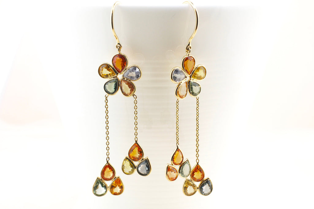Anemone Multi-Colored Sapphire Floral Dangle Earrings-Earrings-Nari Fine Jewels-Nari Fine Jewels