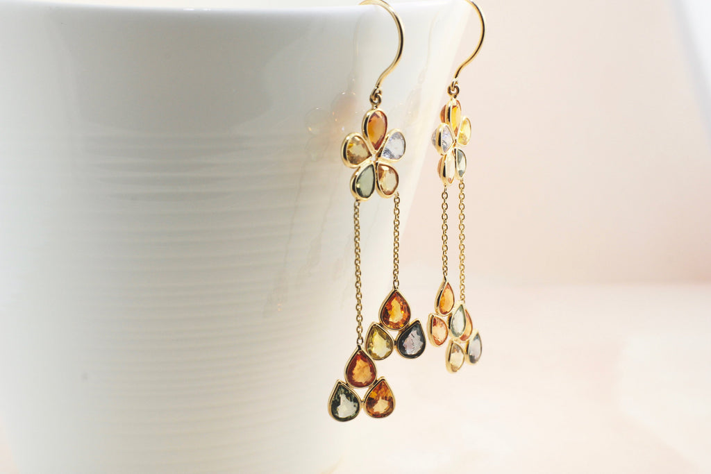 Anemone Multi-Colored Sapphire Floral Dangle Earrings-Earrings-Nari Fine Jewels-Nari Fine Jewels