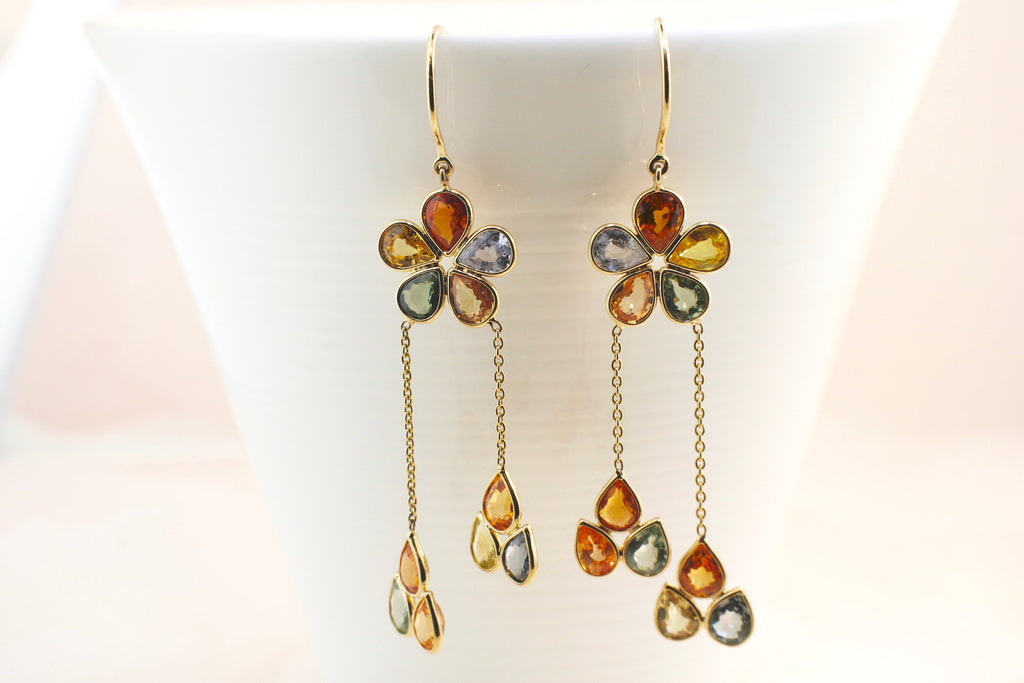Anemone Multi-Colored Sapphire Floral Dangle Earrings-Earrings-Nari Fine Jewels-Nari Fine Jewels