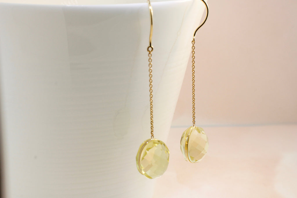 Nina Lemon Quartz Solitaire Dangle Earrings-Earrings-Nari Fine Jewels-Nari Fine Jewels