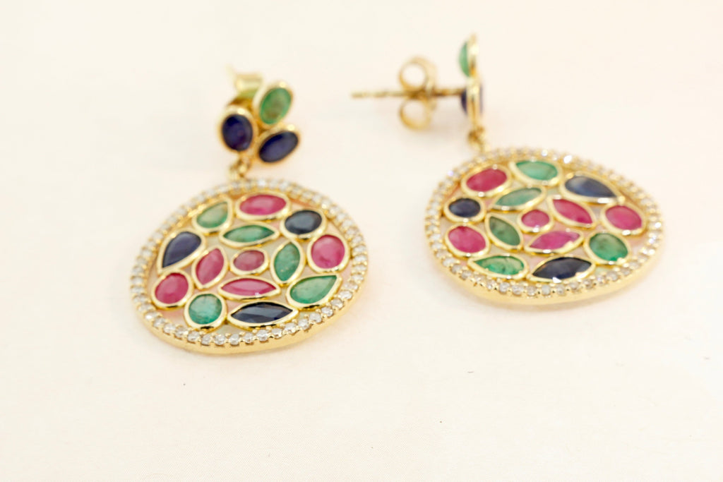 Eden Ruby Emerald Sapphire and Diamond Drop Earrings-Earrings-Nari Fine Jewels-Nari Fine Jewels