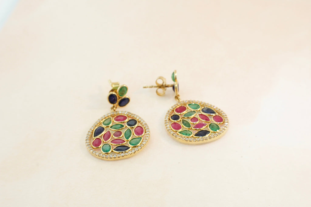 Eden Ruby Emerald Sapphire and Diamond Drop Earrings-Earrings-Nari Fine Jewels-Nari Fine Jewels