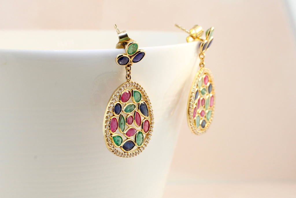 Eden Ruby Emerald Sapphire and Diamond Drop Earrings-Earrings-Nari Fine Jewels-Nari Fine Jewels