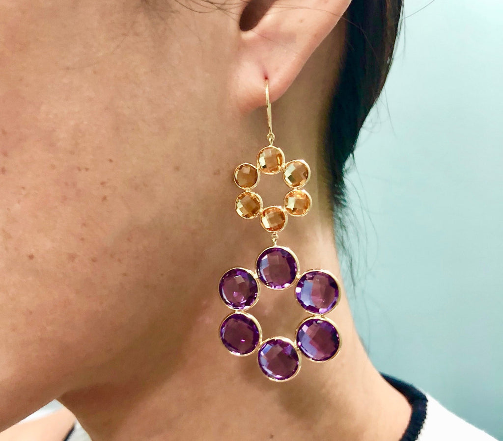 Zinnia Amethyst and Citrine Floral Dangle Earrings-Earrings-Nari Fine Jewels-Nari Fine Jewels