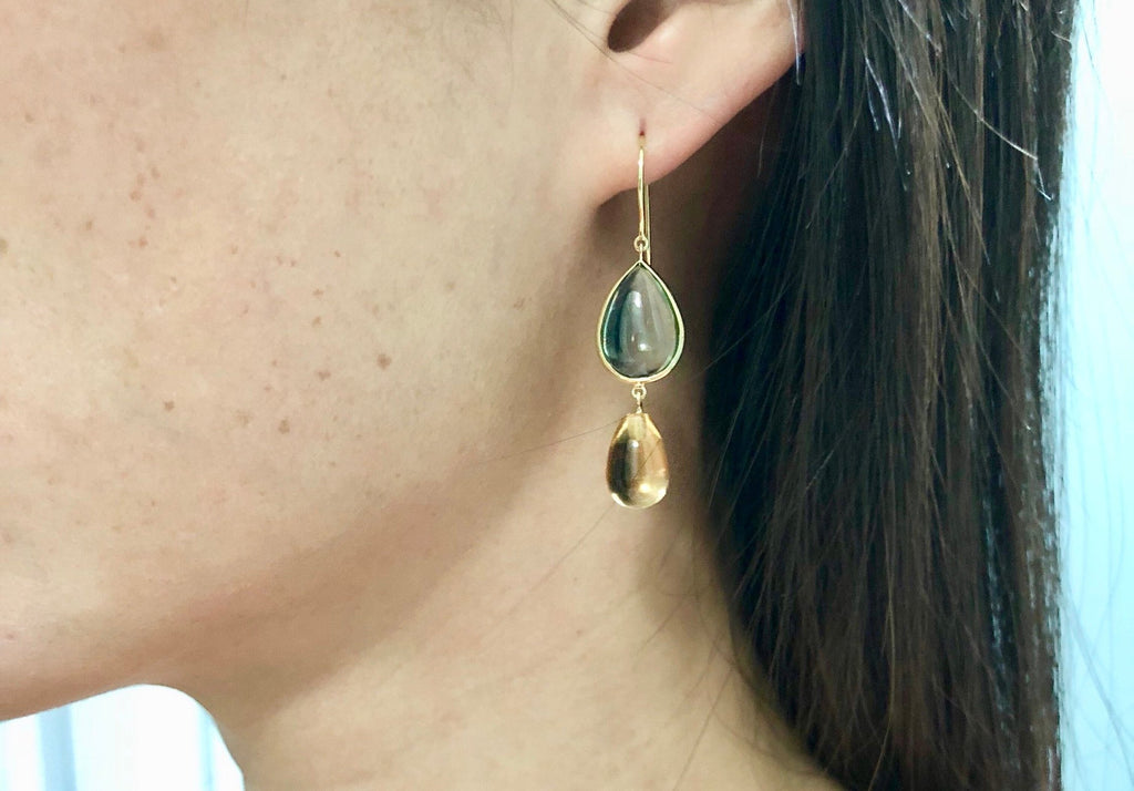 Hali Blue Topaz and Citrine Briolette Dangling Earrings-Earrings-Nari Fine Jewels-Nari Fine Jewels