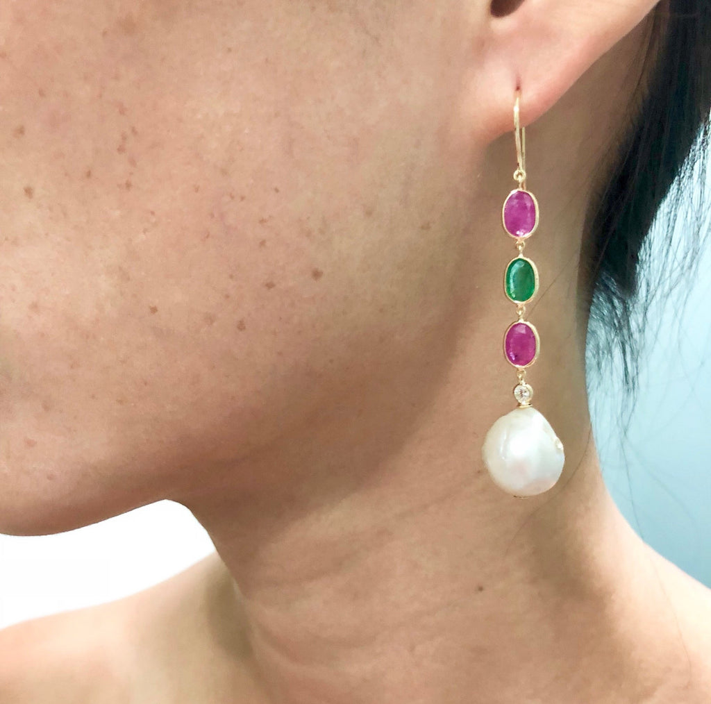 Linnea Pearl Ruby Emerald and Diamond Dangle Earrings-Earrings-Nari Fine Jewels-Nari Fine Jewels