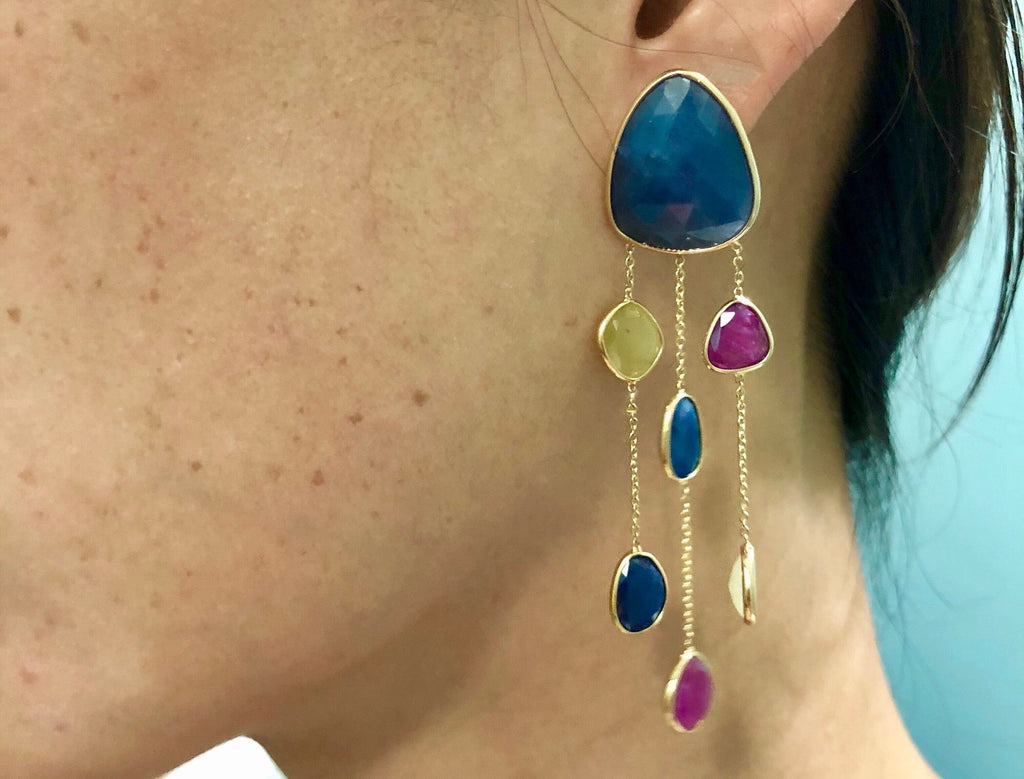 Willow Sapphire Ruby and Yellow Sapphire Triple Dangling Chandelier Earrings-Earrings-Nari Fine Jewels-Nari Fine Jewels