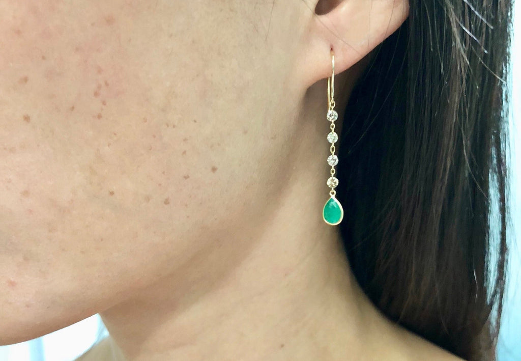 Raine Diamond and Emerald Minimalist Floating Dangle Earrings-Earrings-Nari Fine Jewels-Nari Fine Jewels