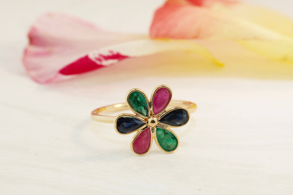 Daisy Ruby Emerald Sapphire Ring-Rings-Nari Fine Jewels-Nari Fine Jewels