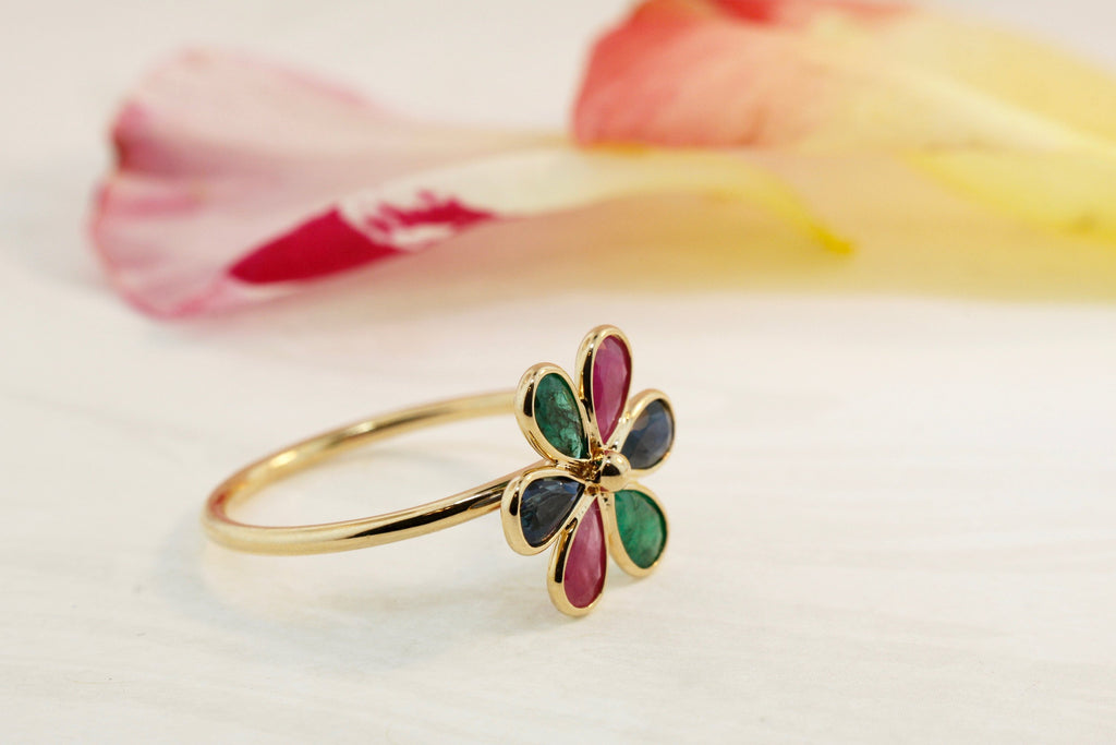 Daisy Ruby Emerald Sapphire Ring-Rings-Nari Fine Jewels-Nari Fine Jewels