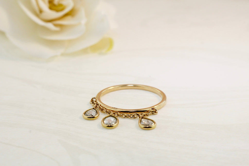 Lucy Diamond Pear Shape Three Stones Dangling Chain Ring-Rings-Nari Fine Jewels-Nari Fine Jewels