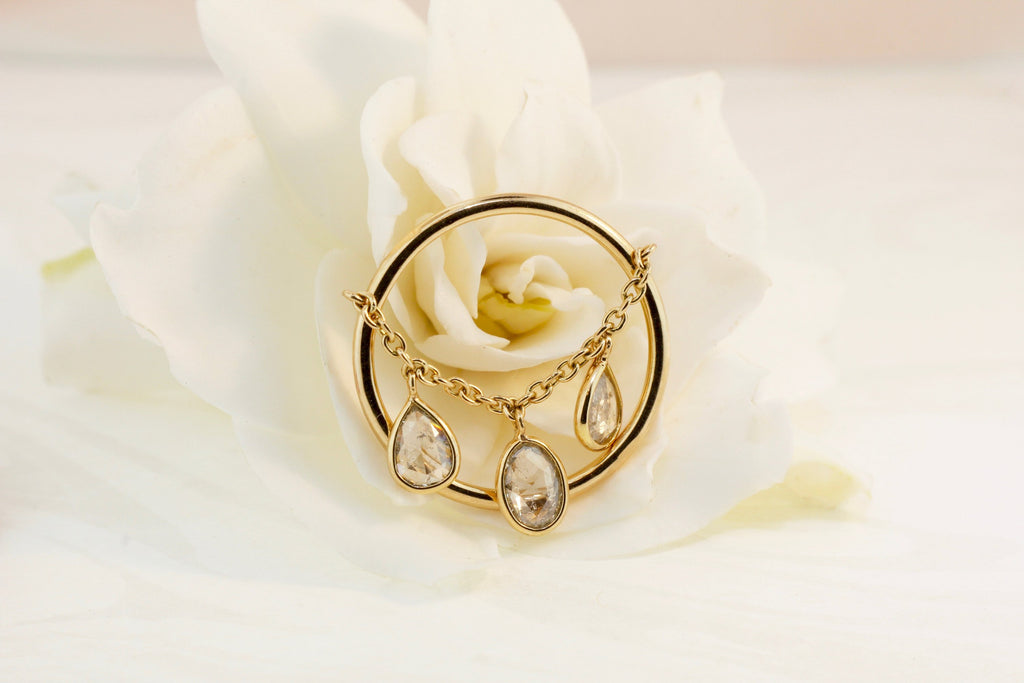 Lucy Diamond Pear Shape Three Stones Dangling Chain Ring-Rings-Nari Fine Jewels-Nari Fine Jewels