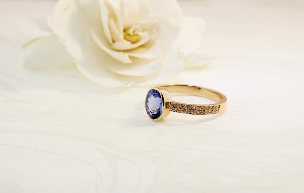 Bella Tanzanite Solitaire Ring with Micro Pavé Diamond-Rings-Nari Fine Jewels-Nari Fine Jewels