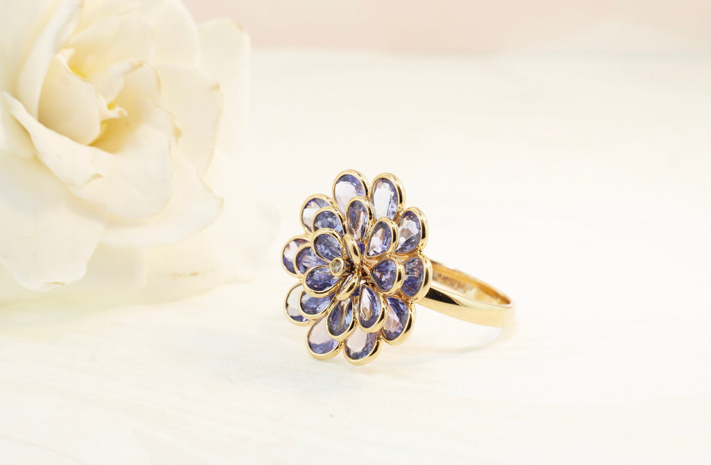 Camellia Tanzanite Ring with Diamond-Rings-Nari Fine Jewels-Nari Fine Jewels