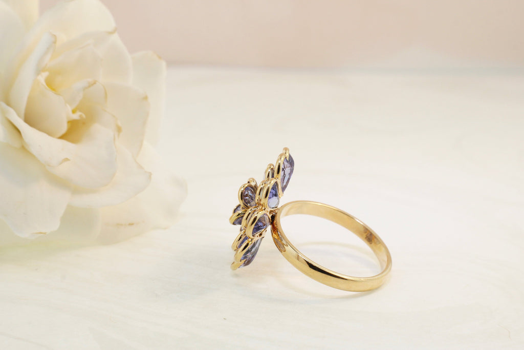 Camellia Tanzanite Ring with Diamond-Rings-Nari Fine Jewels-Nari Fine Jewels