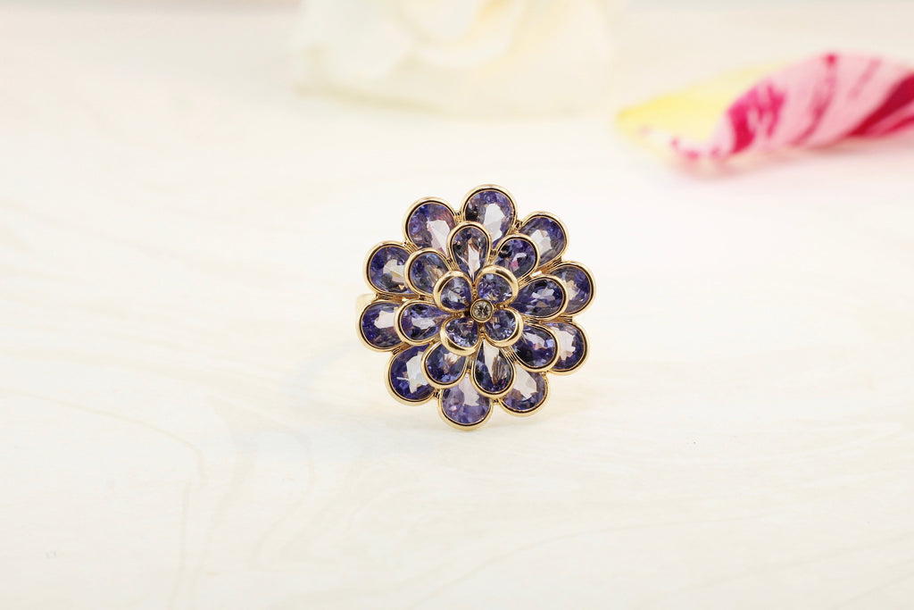 Camellia Tanzanite Ring with Diamond-Rings-Nari Fine Jewels-Nari Fine Jewels