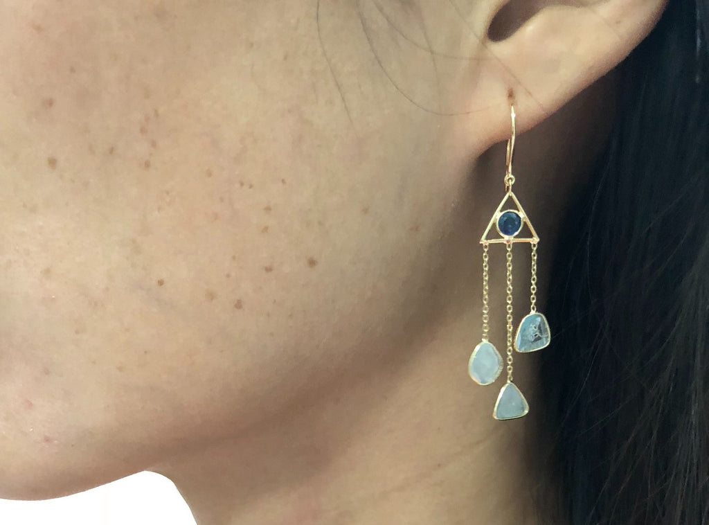 Misty Diamond Slice and Sapphire Triple Strand Dangling Earrings-Earrings-Nari Fine Jewels-Nari Fine Jewels
