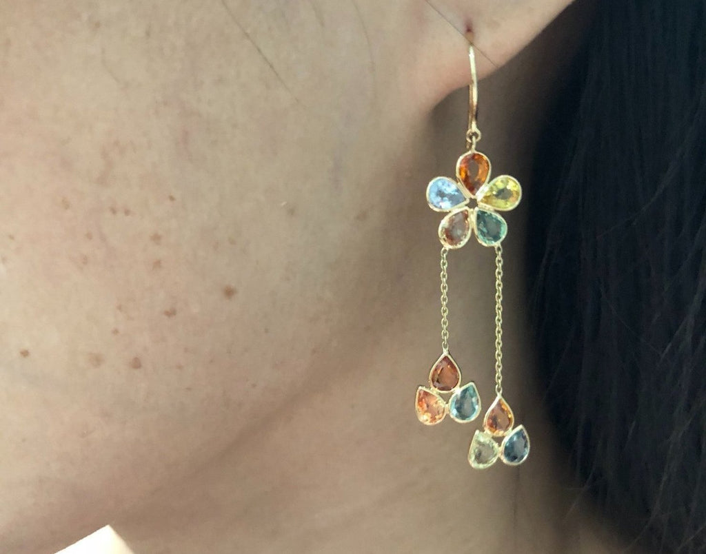 Anemone Multi-Colored Sapphire Floral Dangle Earrings-Earrings-Nari Fine Jewels-Nari Fine Jewels