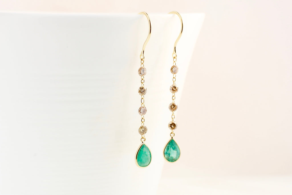 Raine Diamond and Emerald Minimalist Floating Dangle Earrings-Earrings-Nari Fine Jewels-Nari Fine Jewels