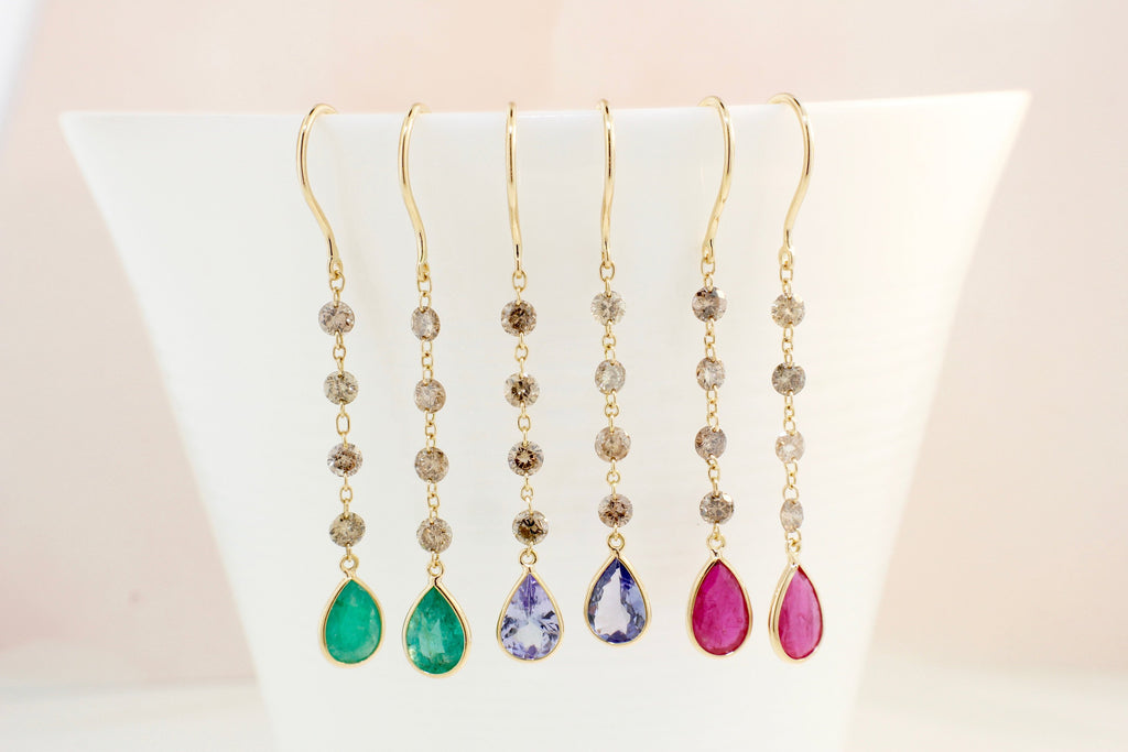Raine Diamond and Emerald Minimalist Floating Dangle Earrings-Earrings-Nari Fine Jewels-Nari Fine Jewels