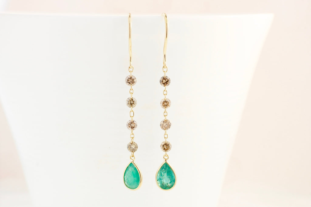 Raine Diamond and Emerald Minimalist Floating Dangle Earrings-Earrings-Nari Fine Jewels-Nari Fine Jewels