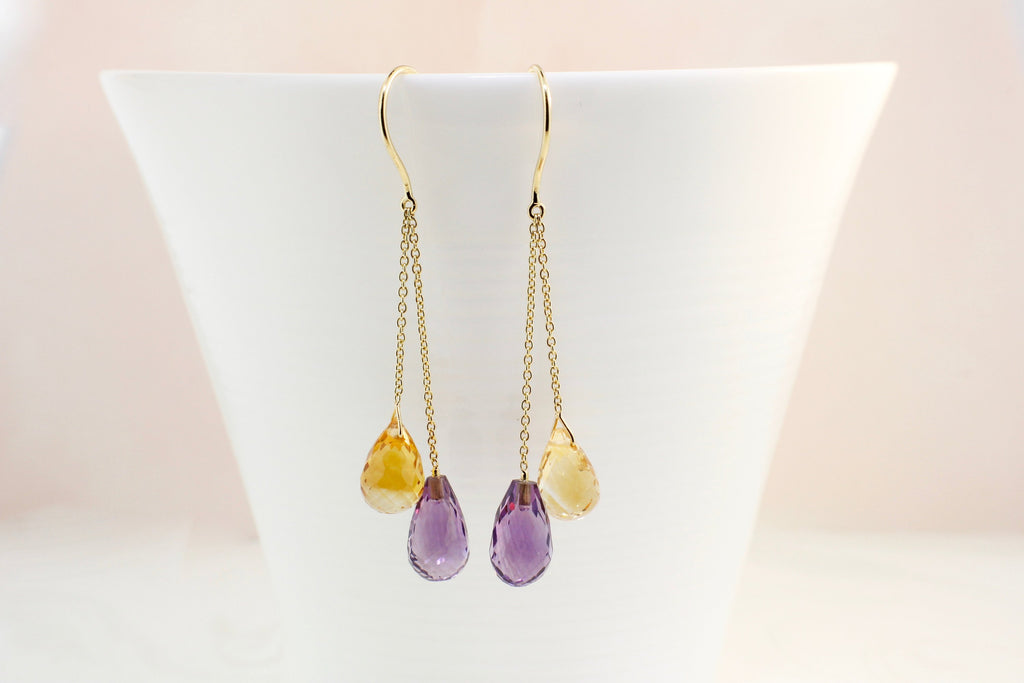 Tini Citrine and Amethyst Briolette Earrings-Earrings-Nari Fine Jewels-Nari Fine Jewels