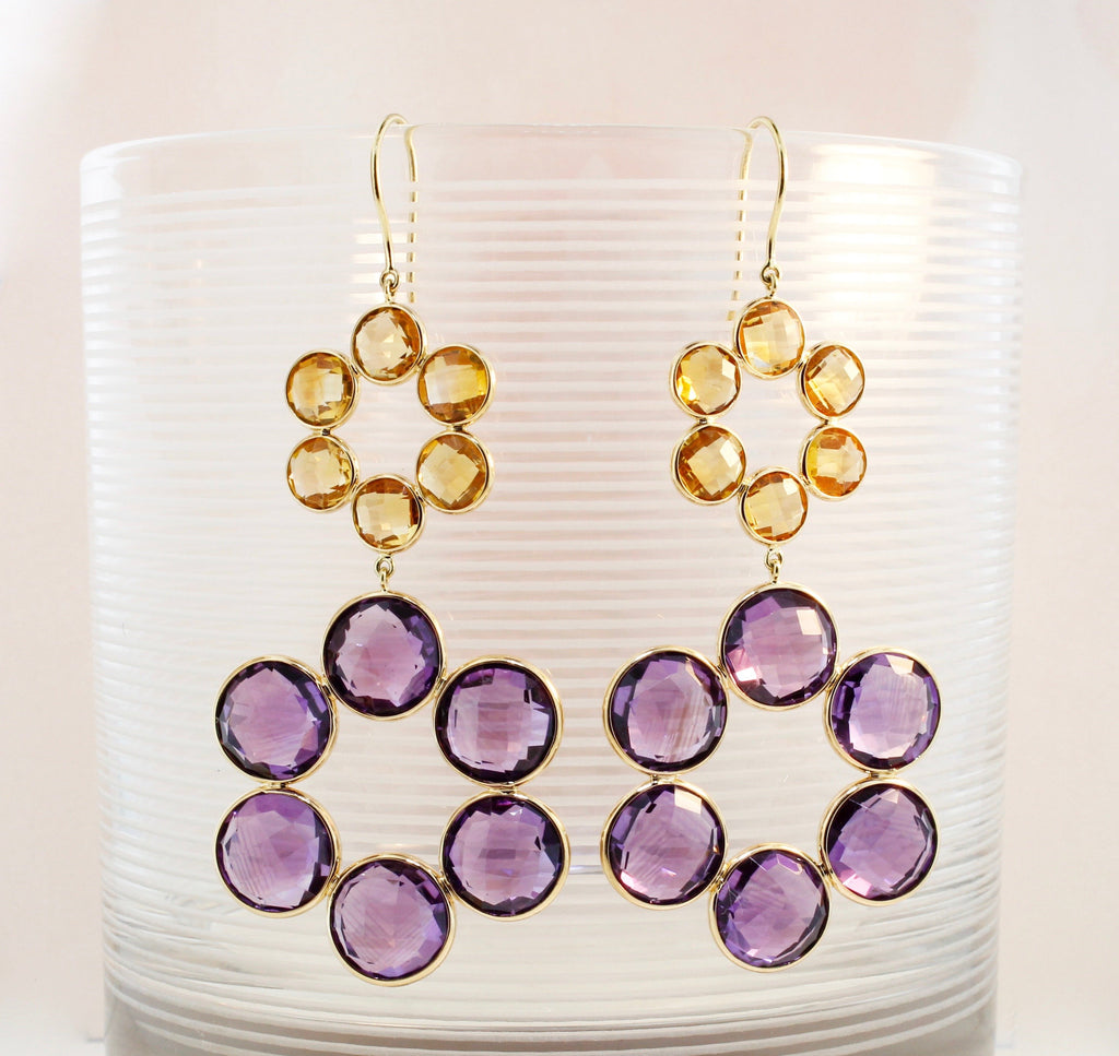Zinnia Amethyst and Citrine Floral Dangle Earrings-Earrings-Nari Fine Jewels-Nari Fine Jewels