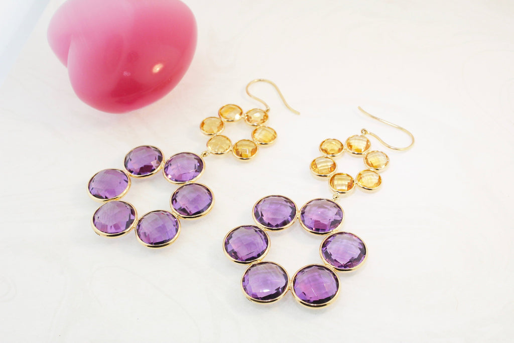 Zinnia Amethyst and Citrine Floral Dangle Earrings-Earrings-Nari Fine Jewels-Nari Fine Jewels