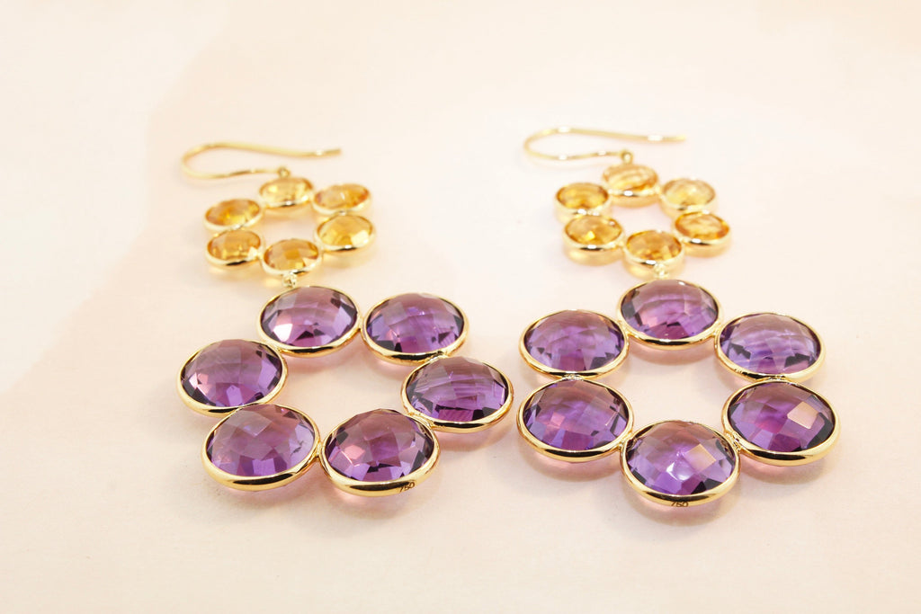 Zinnia Amethyst and Citrine Floral Dangle Earrings-Earrings-Nari Fine Jewels-Nari Fine Jewels