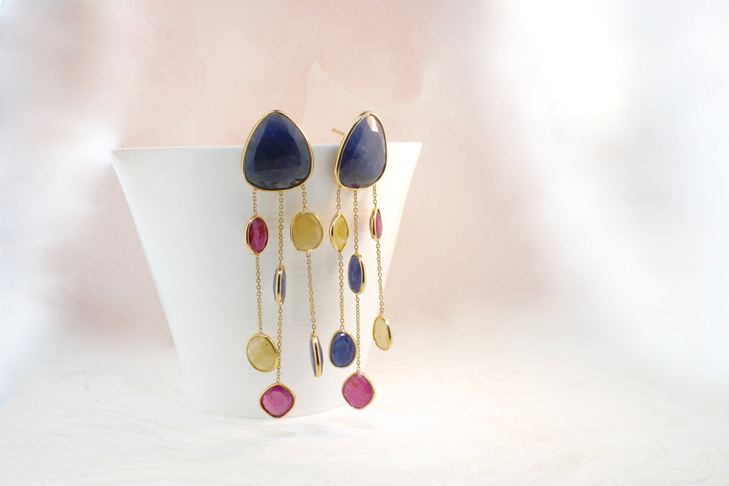 Willow Sapphire Ruby and Yellow Sapphire Triple Dangling Chandelier Earrings-Earrings-Nari Fine Jewels-Nari Fine Jewels