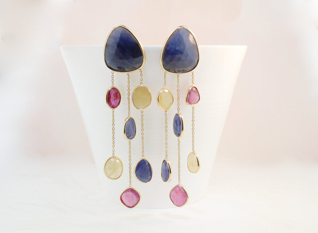 Willow Sapphire Ruby and Yellow Sapphire Triple Dangling Chandelier Earrings-Earrings-Nari Fine Jewels-Nari Fine Jewels