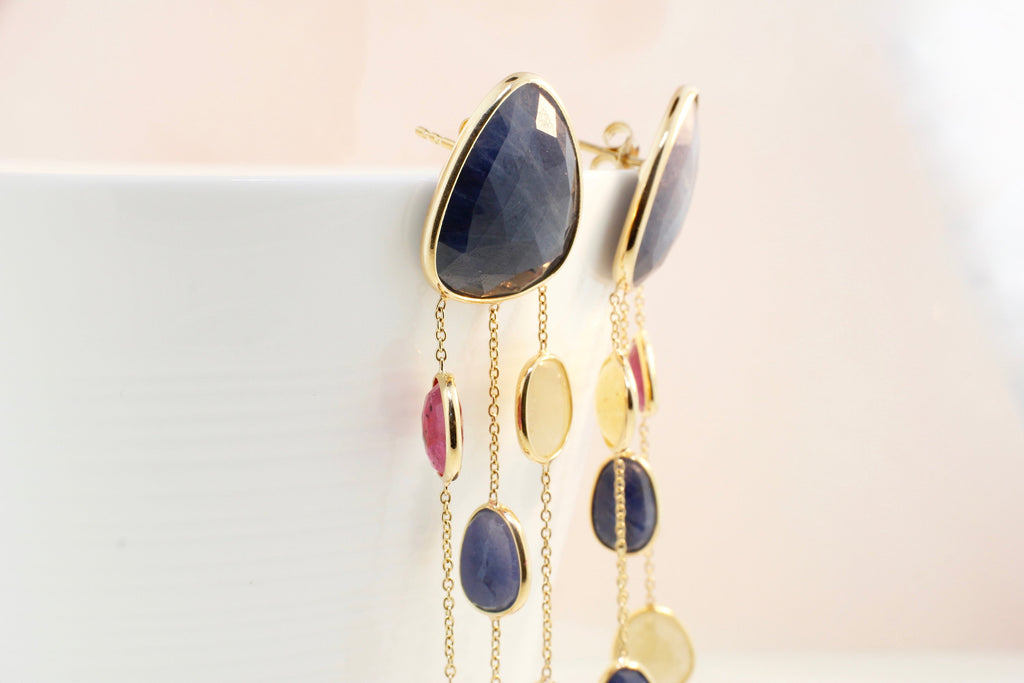 Willow Sapphire Ruby and Yellow Sapphire Triple Dangling Chandelier Earrings-Earrings-Nari Fine Jewels-Nari Fine Jewels
