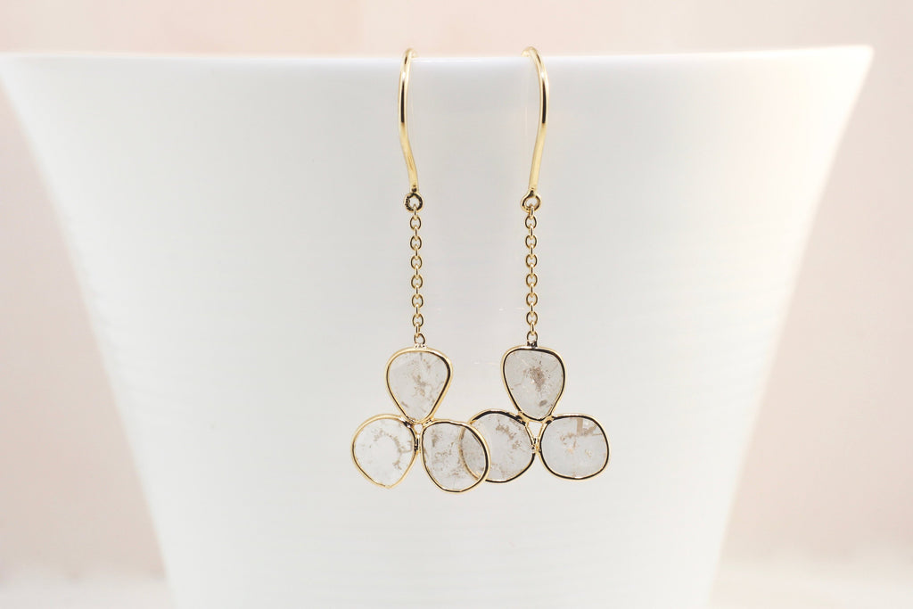 Trillium Diamond Slice Petal Dangling Earrings-Earrings-Nari Fine Jewels-Nari Fine Jewels