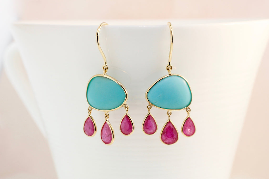 Manee Turquoise and Ruby Dangling Earrings-Earrings-Nari Fine Jewels-Nari Fine Jewels