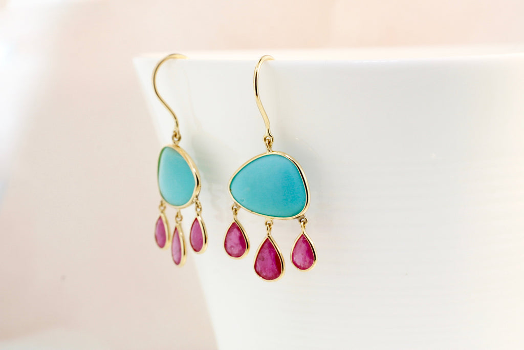 Manee Turquoise and Ruby Dangling Earrings-Earrings-Nari Fine Jewels-Nari Fine Jewels
