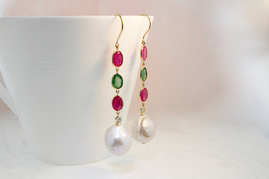 Linnea Pearl Ruby Emerald and Diamond Dangle Earrings-Earrings-Nari Fine Jewels-Nari Fine Jewels