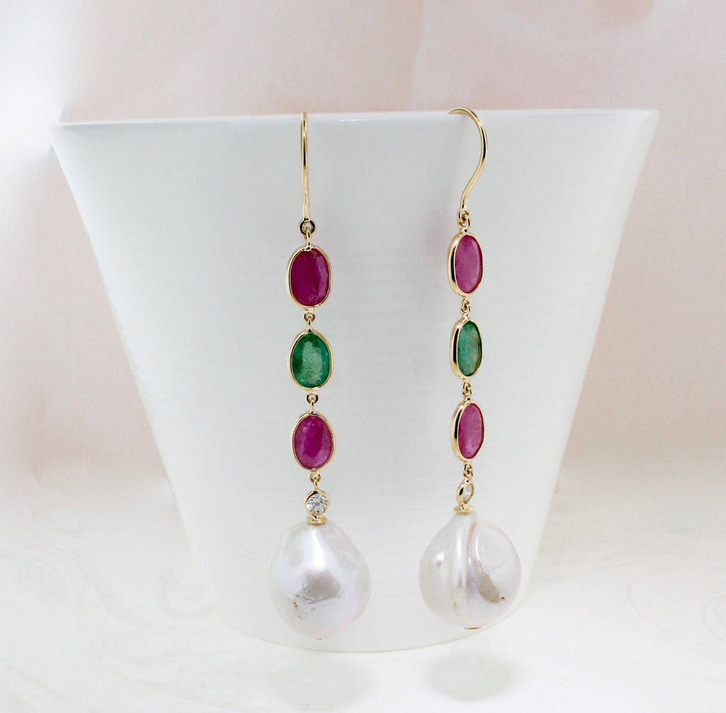 Linnea Pearl Ruby Emerald and Diamond Dangle Earrings-Earrings-Nari Fine Jewels-Nari Fine Jewels