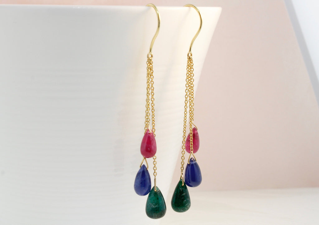 Tini Ruby Emerald Sapphire Briolette Dangling Earrings-Earrings-Nari Fine Jewels-Nari Fine Jewels