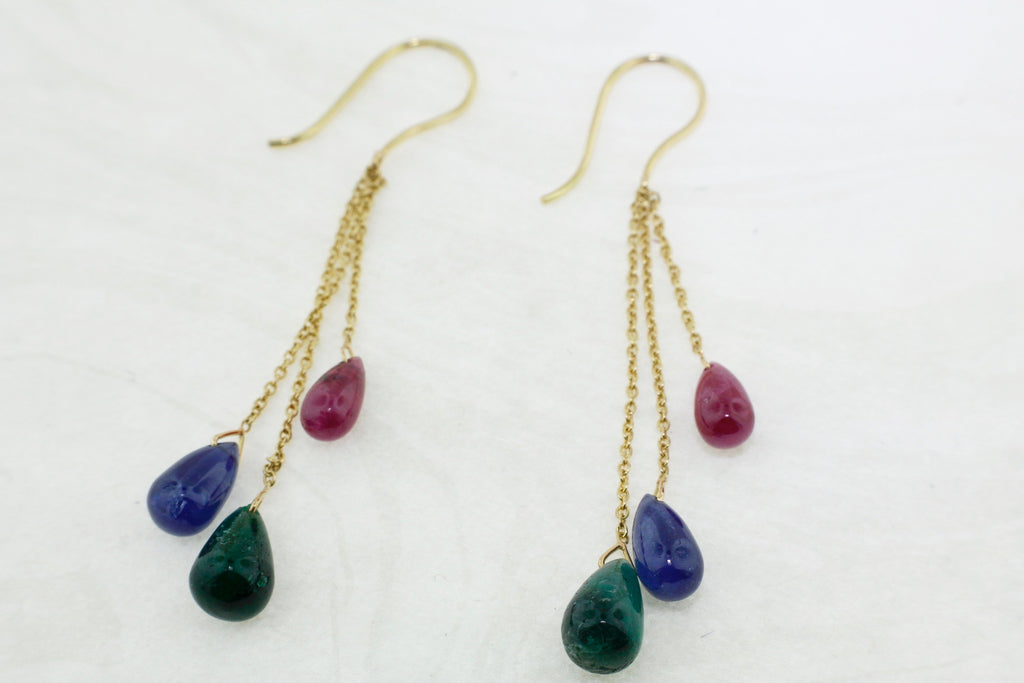 Tini Ruby Emerald Sapphire Briolette Dangling Earrings-Earrings-Nari Fine Jewels-Nari Fine Jewels