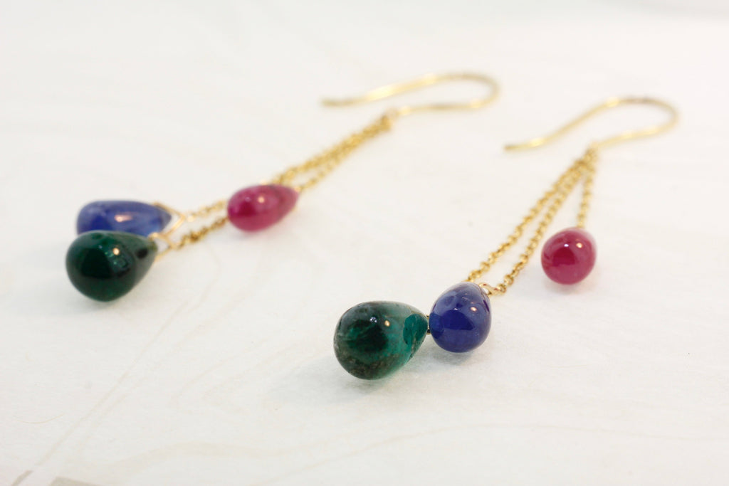 Tini Ruby Emerald Sapphire Briolette Dangling Earrings-Earrings-Nari Fine Jewels-Nari Fine Jewels