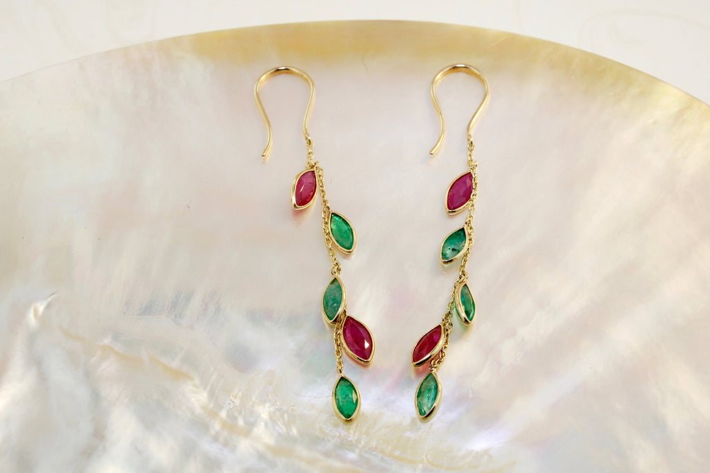 Mesi Ruby and Emerald Waterfall Dangle Earrings-Earrings-Nari Fine Jewels-Nari Fine Jewels