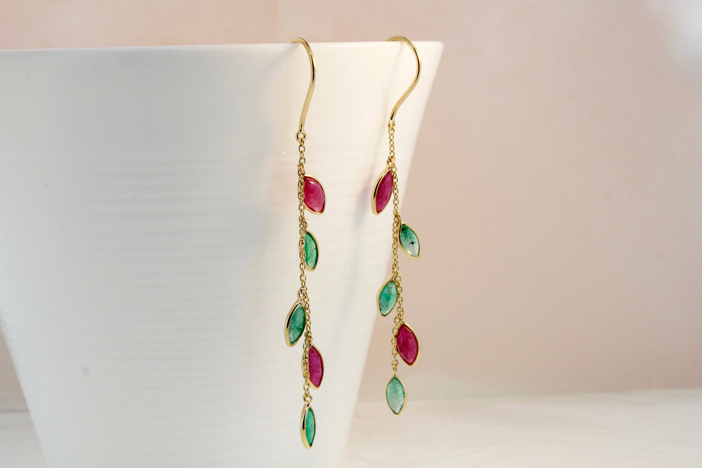 Mesi Ruby and Emerald Waterfall Dangle Earrings-Earrings-Nari Fine Jewels-Nari Fine Jewels