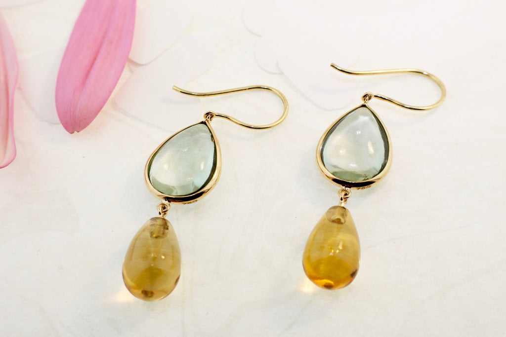 Hali Blue Topaz and Citrine Briolette Dangling Earrings-Earrings-Nari Fine Jewels-Nari Fine Jewels