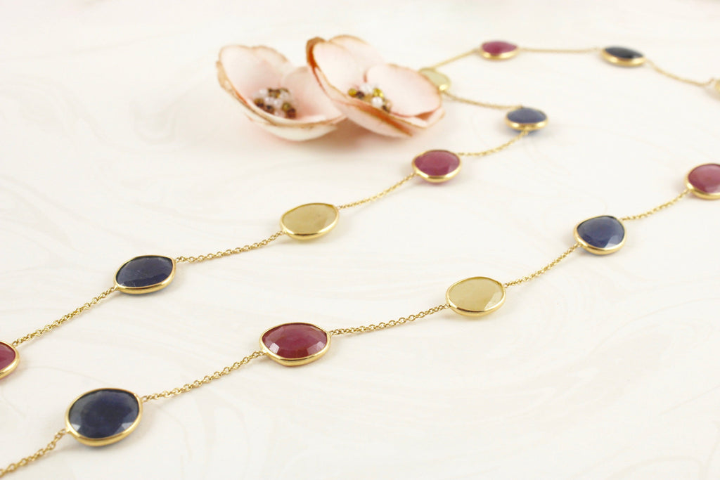 Stella Ruby Sapphire and Yellow Sapphire Station Necklace-Necklaces-Nari Fine Jewels-Nari Fine Jewels