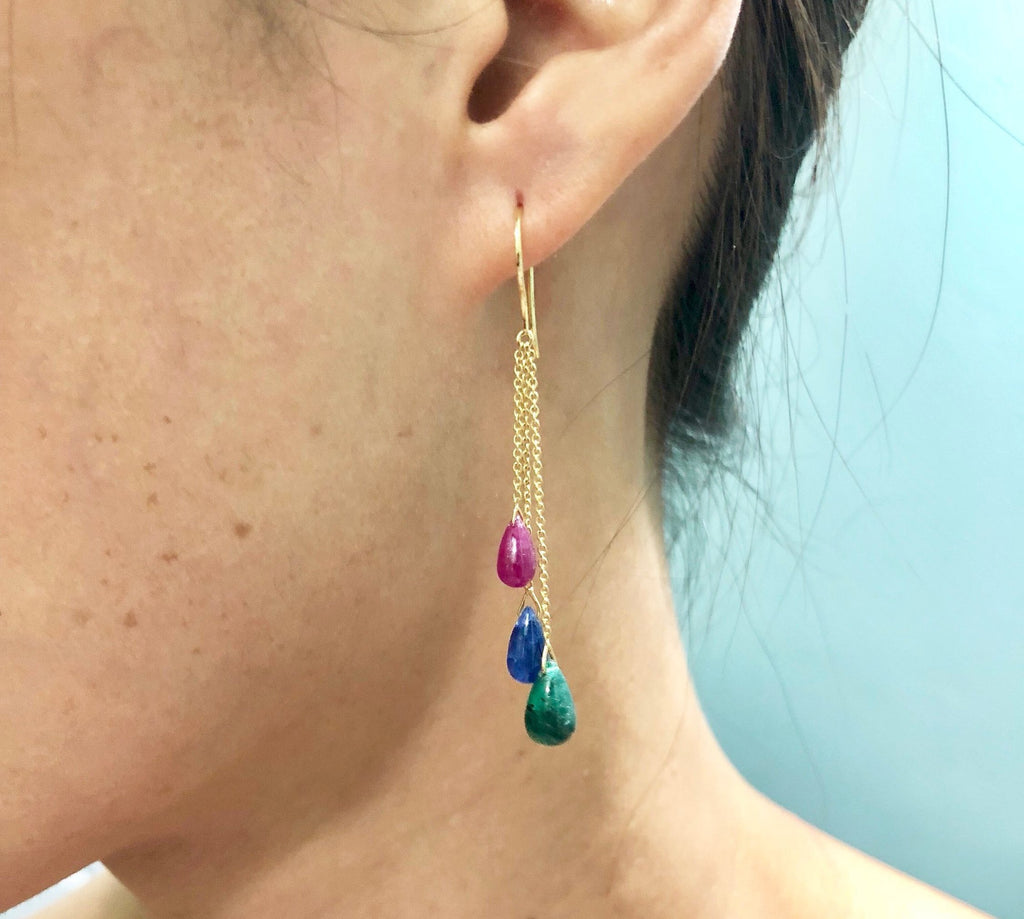 Tini Ruby Emerald Sapphire Briolette Dangling Earrings-Earrings-Nari Fine Jewels-Nari Fine Jewels