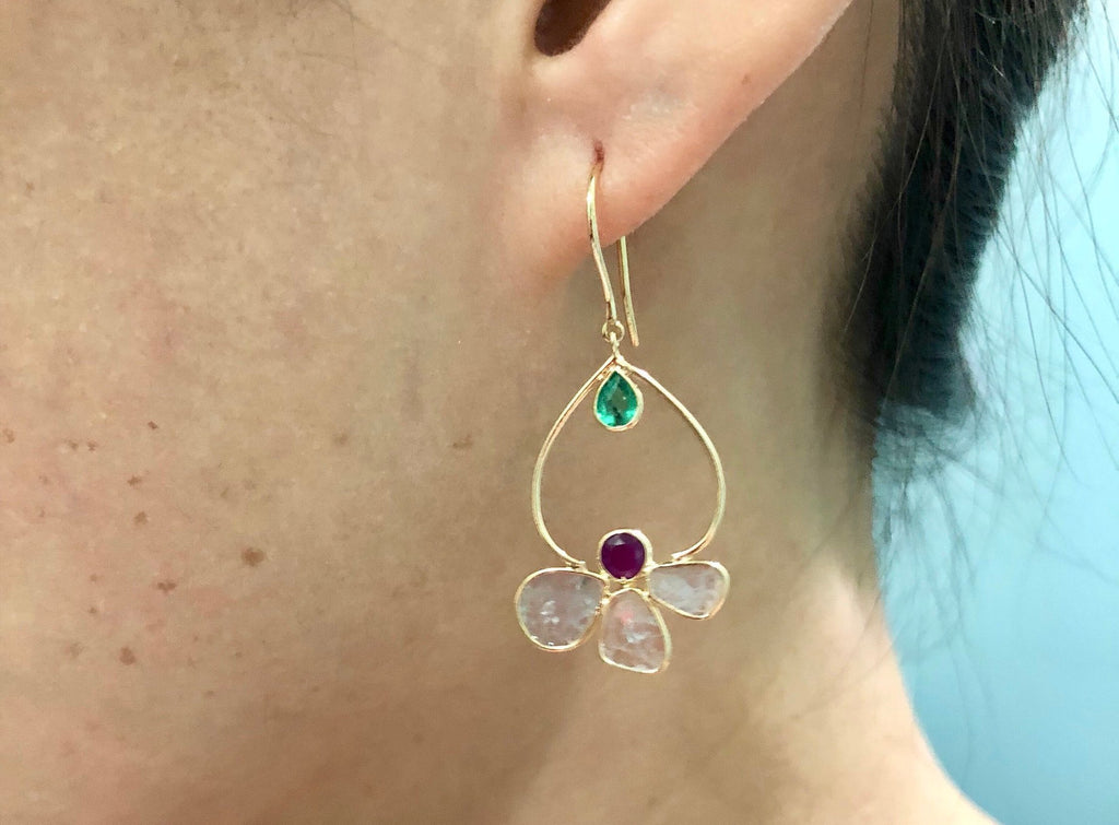 Lotus Diamond Slice Dangle Earrings-Earrings-Nari Fine Jewels-Nari Fine Jewels