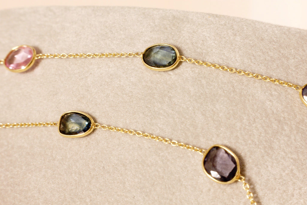 Stella Multi Colored Sapphire Rose Cut Station Necklace-Necklaces-Nari Fine Jewels-Nari Fine Jewels