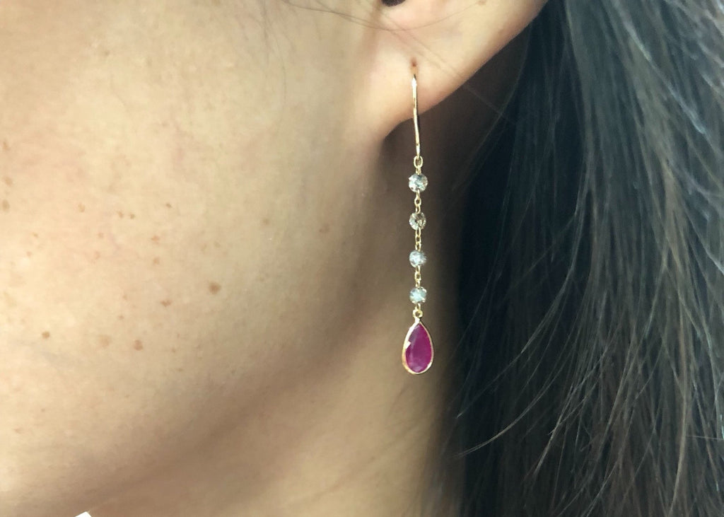 Raine Diamond and Ruby Minimalist Floating Dangle Earrings-Earrings-Nari Fine Jewels-Nari Fine Jewels